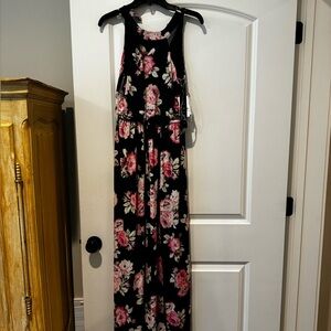 Navy blue and pink floral high neck maxi dress